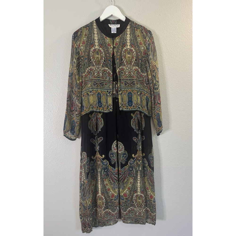 Vintage Rene Derhy Paisley Duster Jacket Sheer Rayon Boho Embellished 90s